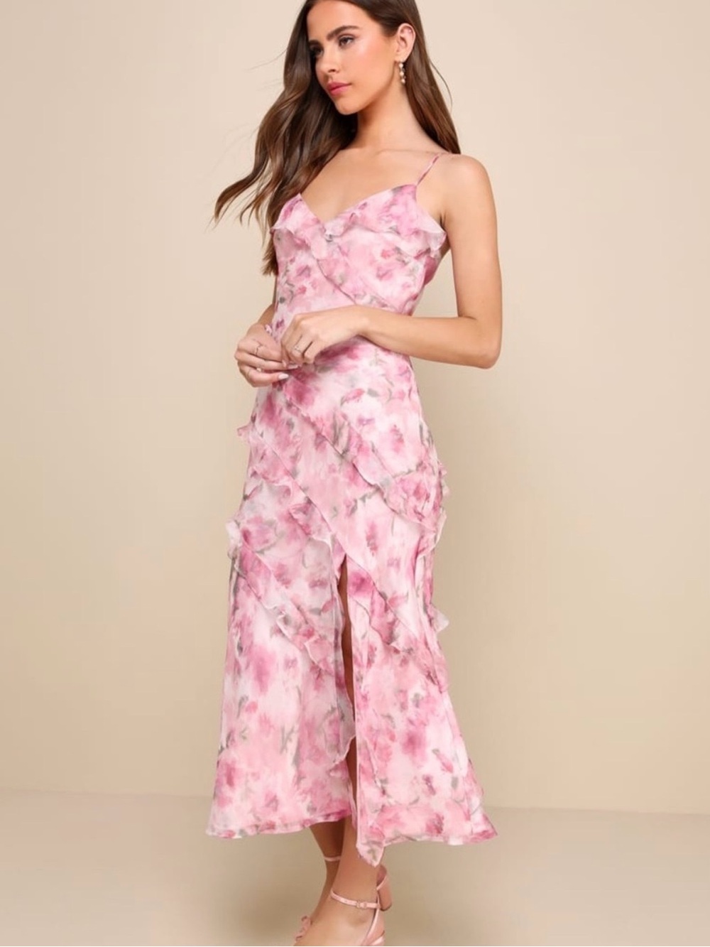Lulu's Pink Floral Ruffle dress size small